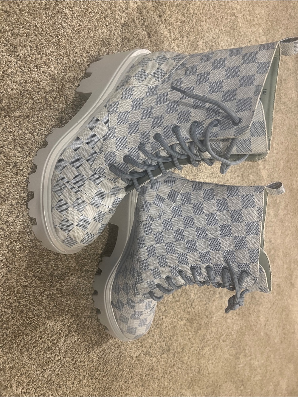Women’s Light Blue Check Combat Boots - Fashion Lace-Up Ankle Boot